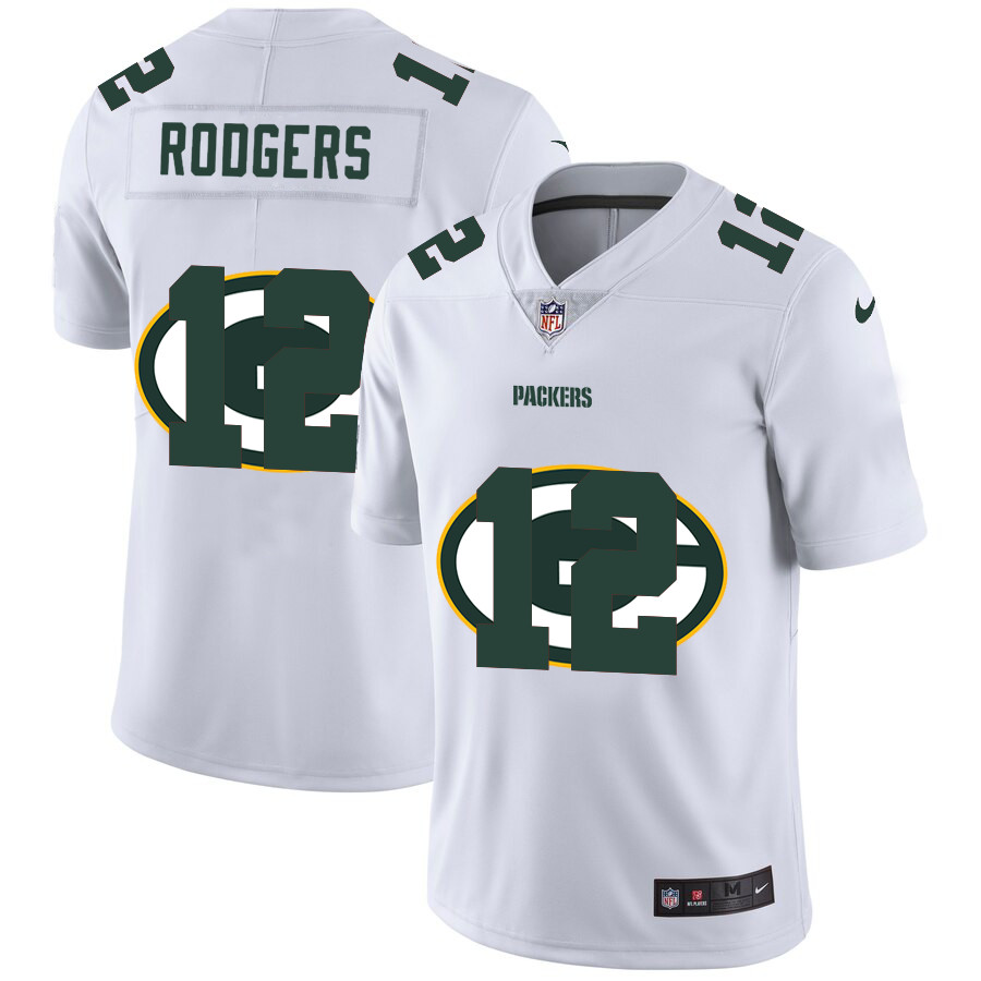 Personalized Green Bay Packers #12 Aaron Rodgers White Men’s Team Logo Dual Overlap Limited NFL Jersey