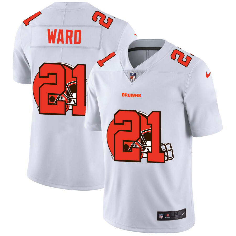 Personalized Cleveland Browns #21 Denzel Ward White Men’s Team Logo Dual Overlap Limited NFL Jersey