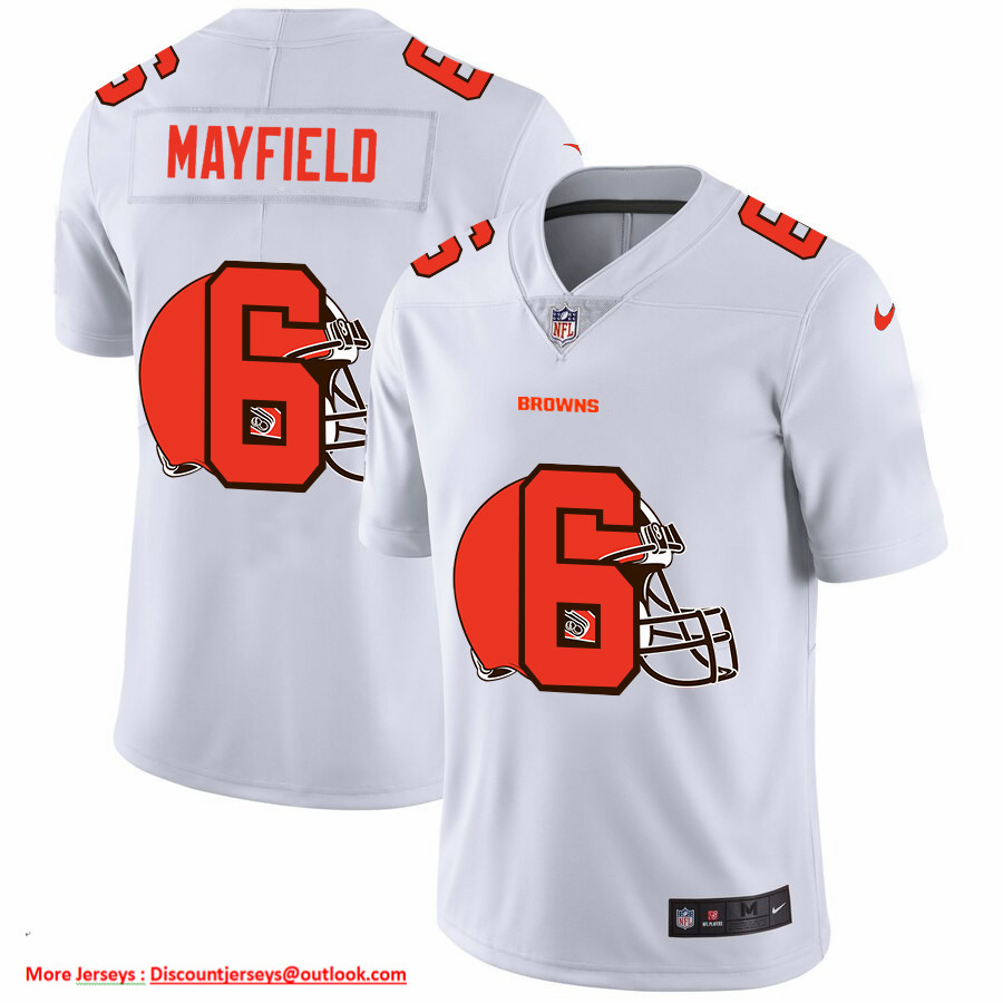 Personalized Cleveland Browns #6 Baker Mayfield White Men’s Team Logo Dual Overlap Limited NFL Jersey