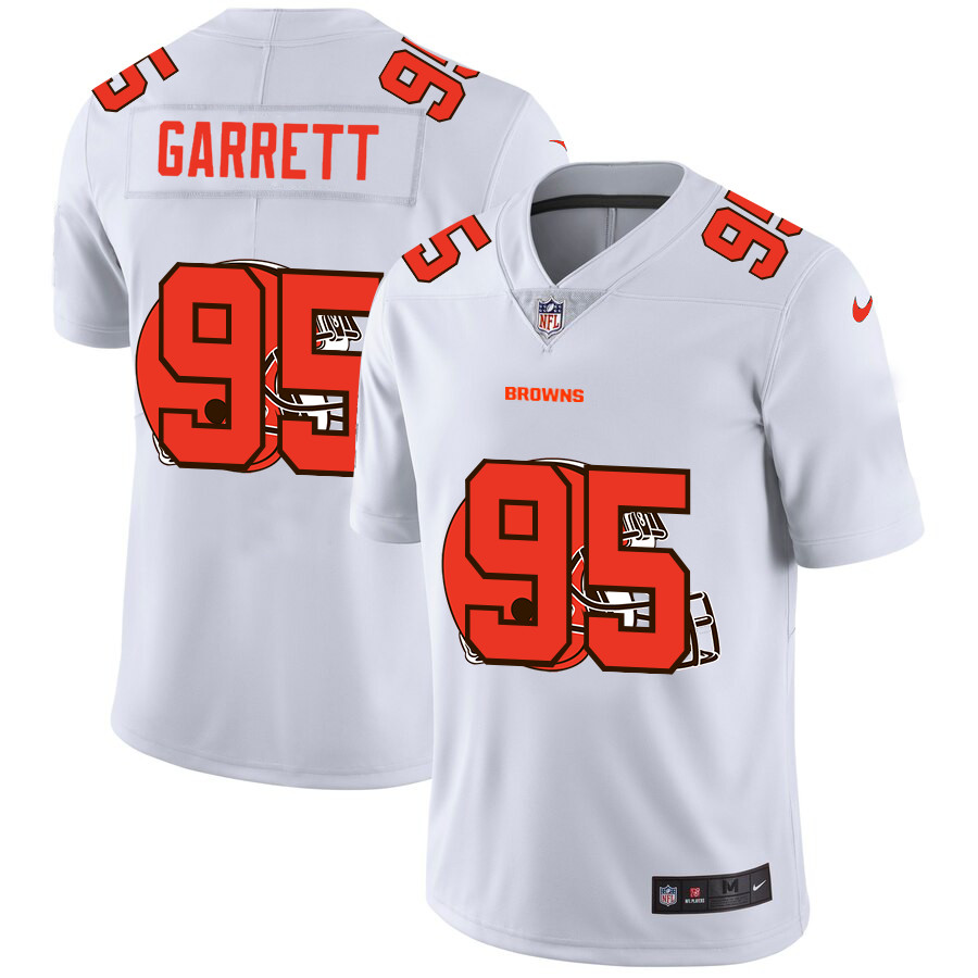 Personalized Cleveland Browns #95 Myles Garrett White Men’s Team Logo Dual Overlap Limited NFL Jersey