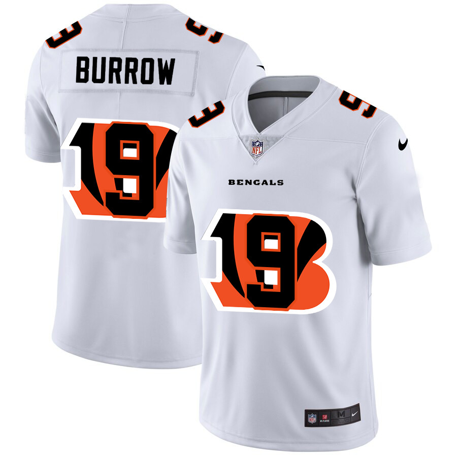 Personalized Cincinnati Bengals #9 Joe Burrow White Men’s Team Logo Dual Overlap Limited NFL Jersey