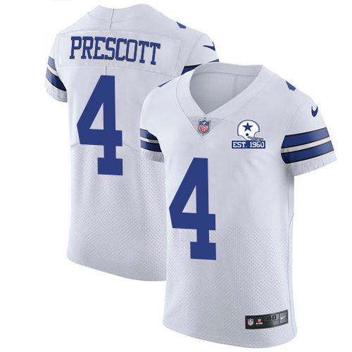 Personalized Cowboys #4 Dak Prescott White Men’s Stitched With Established In 1960 Patch NFL New Elite Jersey