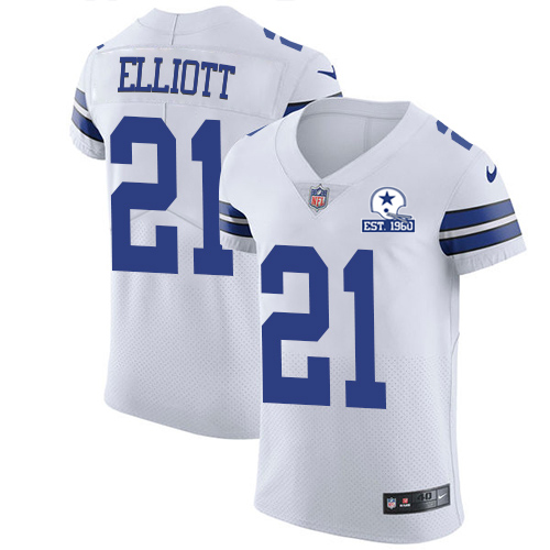 Personalized Cowboys #21 Ezekiel Elliott White Men’s Stitched With Established In 1960 Patch NFL New Elite Jersey