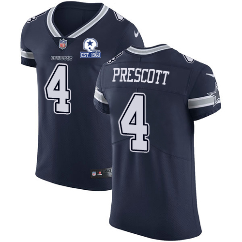 Personalized Cowboys #4 Dak Prescott Navy Blue Team Color Men’s Stitched With Established In 1960 Patch NFL Untouchable Elite Jersey