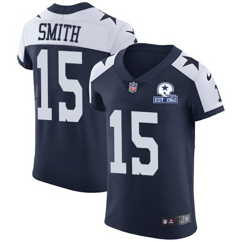 Personalized Cowboys #15 Devin Smith Navy Blue Thanksgiving Men’s Stitched With Established In 1960 Patch NFL Untouchable Throwback Elite Jersey