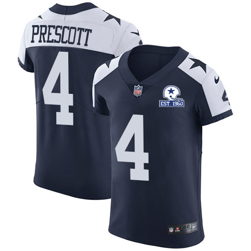 Personalized Cowboys #4 Dak Prescott Navy Blue Thanksgiving Men’s Stitched With Established In 1960 Patch NFL Untouchable Throwback Elite Jersey