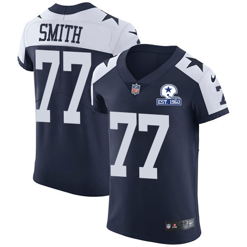 Personalized Cowboys #77 Tyron Smith Navy Blue Thanksgiving Men’s Stitched With Established In 1960 Patch NFL Untouchable Throwback Elite Jersey