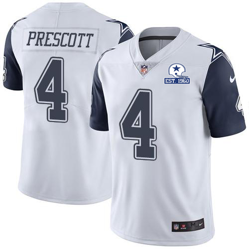 Personalized Cowboys #4 Dak Prescott White Men’s Stitched With Established In 1960 Patch NFL Limited Rush Jersey