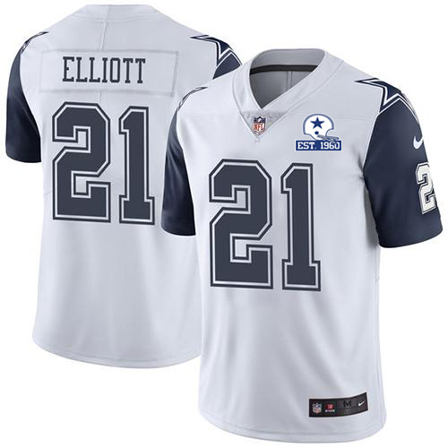 Personalized Cowboys #21 Ezekiel Elliott White Men’s Stitched With Established In 1960 Patch NFL Limited Rush Jersey