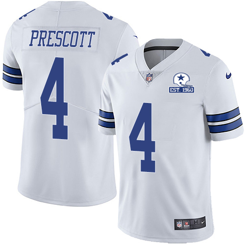 Personalized Cowboys #4 Dak Prescott White Men’s Stitched With Established In 1960 Patch NFL Untouchable Limited Jersey