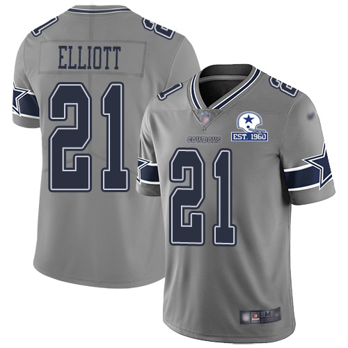 Personalized Cowboys #21 Ezekiel Elliott Gray Men’s Stitched With Established In 1960 Patch NFL Limited Inverted Legend Jersey