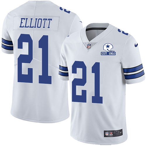Personalized Cowboys #21 Ezekiel Elliott White Men’s Stitched With Established In 1960 Patch NFL Untouchable Limited Jersey