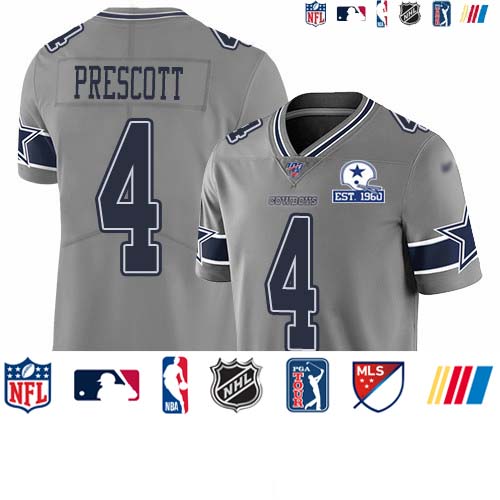 Personalized Cowboys #4 Dak Prescott Gray Men’s Stitched With Established In 1960 Patch NFL Limited Inverted Legend 100th Season Jersey