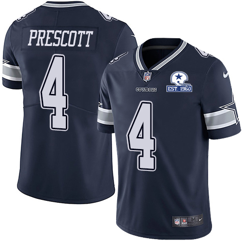 Personalized Cowboys #4 Dak Prescott Navy Blue Team Color Men’s Stitched With Established In 1960 Patch NFL Untouchable Limited Jersey