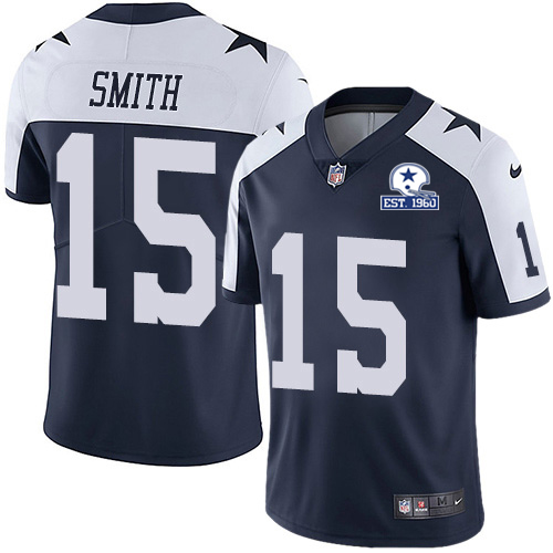 Personalized Cowboys #15 Devin Smith Navy Blue Thanksgiving Men’s Stitched With Established In 1960 Patch NFL Untouchable Limited Throwback Jersey