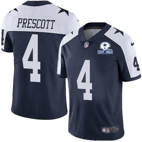 Personalized Cowboys #4 Dak Prescott Navy Blue Thanksgiving Men’s Stitched With Established In 1960 Patch NFL Untouchable Limited Throwback Jersey
