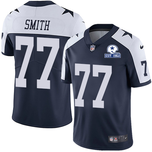 Personalized Cowboys #77 Tyron Smith Navy Blue Thanksgiving Men’s Stitched With Established In 1960 Patch NFL Untouchable Limited Throwback Jersey