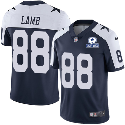 Personalized Cowboys #88 CeeDee Lamb Navy Blue Thanksgiving Men’s Stitched With Established In 1960 Patch NFL Untouchable Limited Throwback Jersey