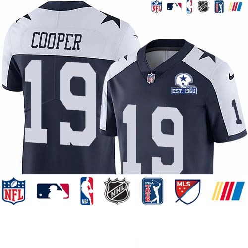 Personalized Cowboys #19 Amari Cooper Navy Blue Thanksgiving Men’s Stitched With Established In 1960 Patch NFL Untouchable Limited Throwback Jersey