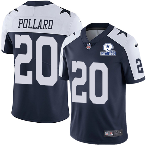 Personalized Cowboys #20 Tony Pollard Navy Blue Thanksgiving Men’s Stitched With Established In 1960 Patch NFL Untouchable Limited Throwback Jersey