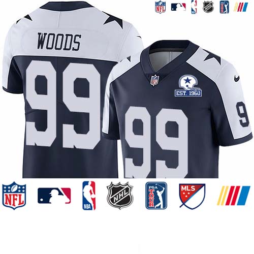 Personalized Cowboys #99 Antwaun Woods Navy Blue Thanksgiving Men’s Stitched With Established In 1960 Patch NFL Untouchable Limited Throwback Jersey