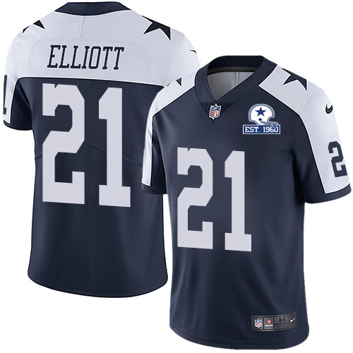 Personalized Cowboys #21 Ezekiel Elliott Navy Blue Thanksgiving Men’s Stitched With Established In 1960 Patch NFL Untouchable Limited Throwback Jersey