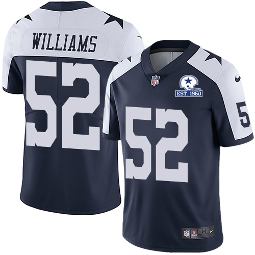 Personalized Cowboys #52 Connor Williams Navy Blue Thanksgiving Men’s Stitched With Established In 1960 Patch NFL Untouchable Limited Throwback Jersey