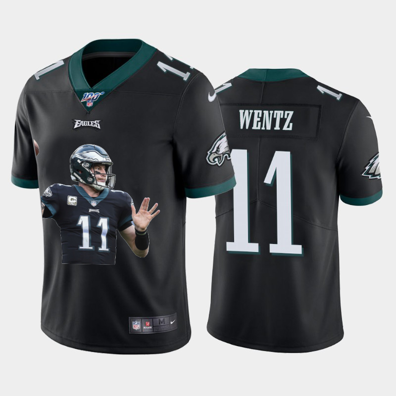 Personalized Eagles 11 Carson Wentz Black Player Name Logo 100th Season Untouchable Limited Jersey