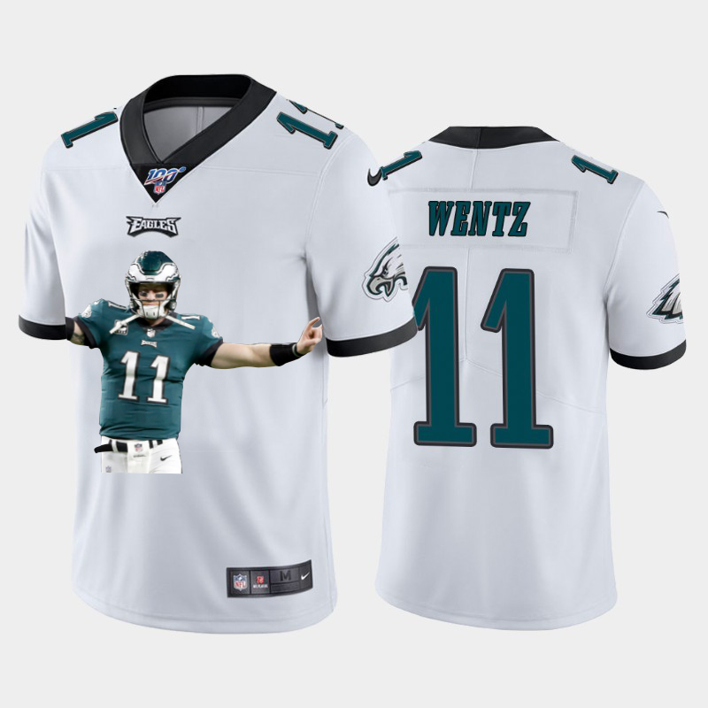 Personalized Eagles 11 Carson Wentz White Player Name Logo 100th Season Untouchable Limited Jersey
