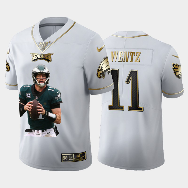 Personalized Eagles 11 Carson Wentz White Gold Player Name Logo 100th Season Untouchable Limited Jersey