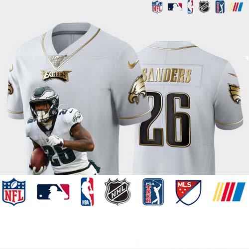Personalized Eagles 26 Miles Sanders White Gold Player Name Logo 100th Season Untouchable Limited Jersey