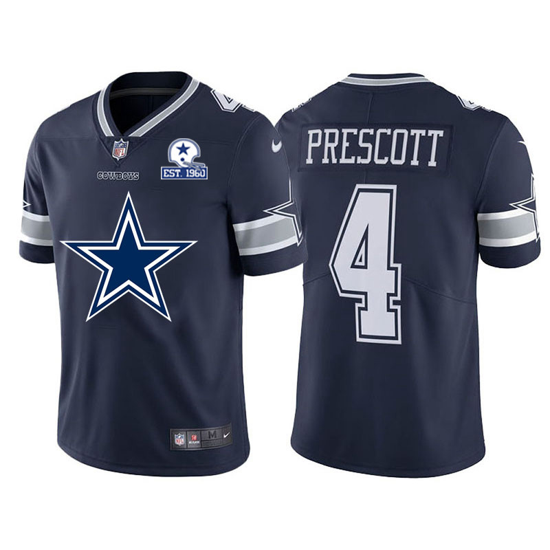 Personalized Dallas Cowboys #4 Dak Prescott Navy Blue Men’s Big Team Logo With Established In 1960 Patch Limited NFL Jersey