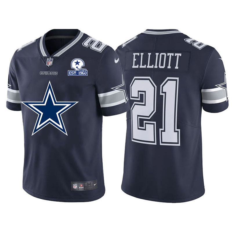 Personalized Dallas Cowboys #21 Ezekiel Elliott Navy Blue Men’s Big Team Logo With Established In 1960 Patch Limited NFL Jersey