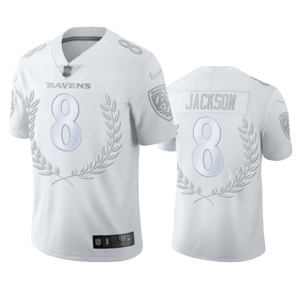 Personalized Baltimore Ravens #8 Lamar Jackson Men”s Platinum NFL MVP Limited Edition Jersey