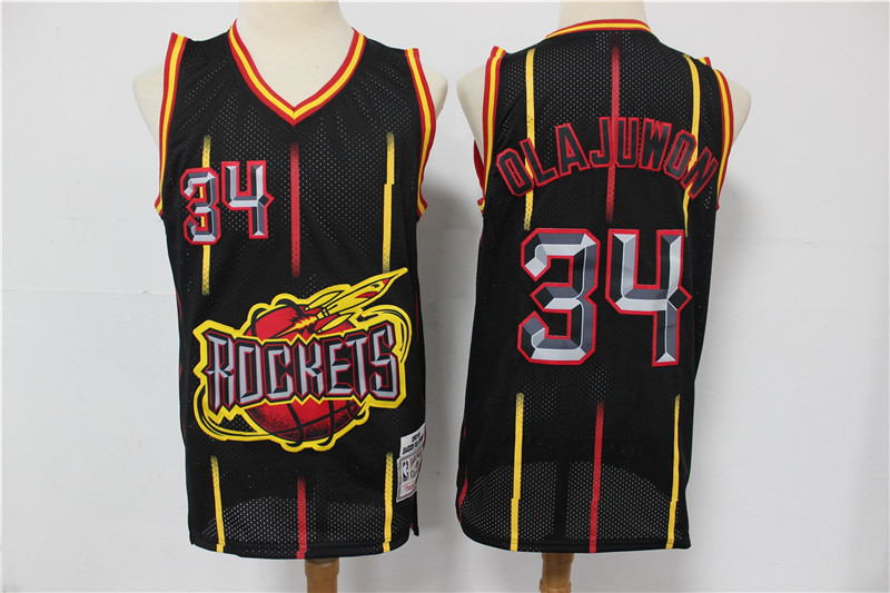 Personalized Rockets 34 Hakeem Olajuwon Black Hardwood Classics Jersey