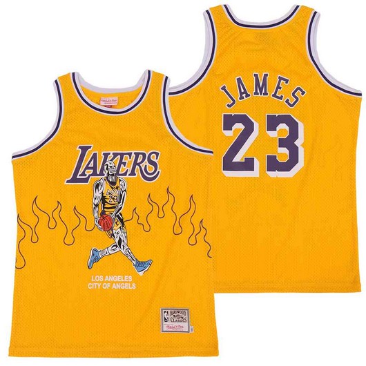 Personalized Lakers 23 Lebron James Yellow Hardwood Classics Skull Edition Jersey