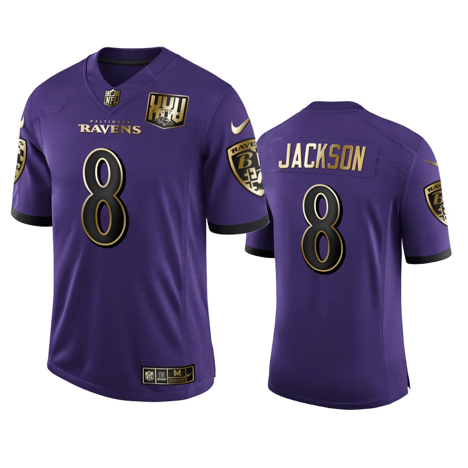 Personalized Baltimore Ravens #8 Lamar Jackson Men’s Purple Team 25th Season Golden Limited NFL Jersey