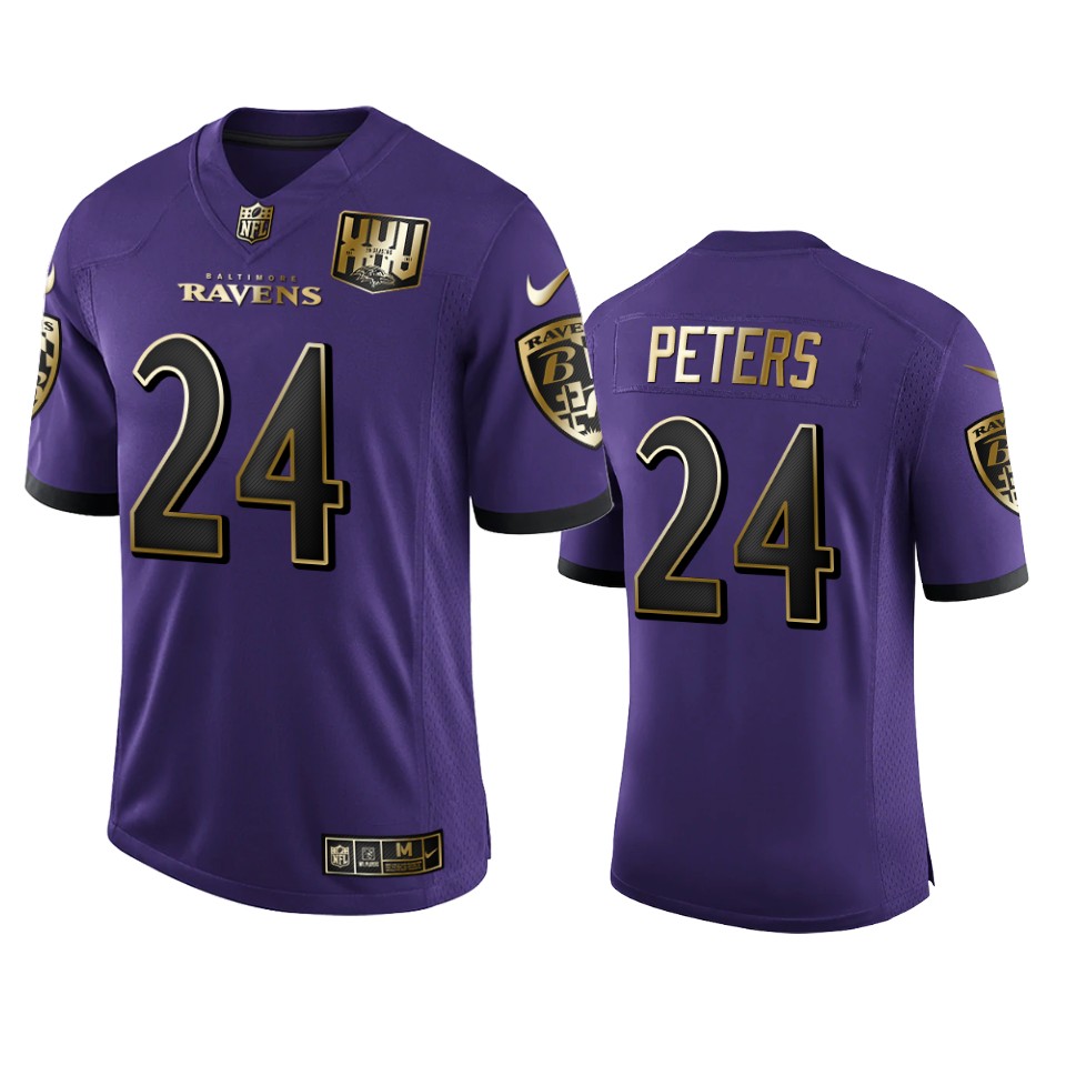 Personalized Baltimore Ravens #24 Marcus Peters Men’s Purple Team 25th Season Golden Limited NFL Jersey