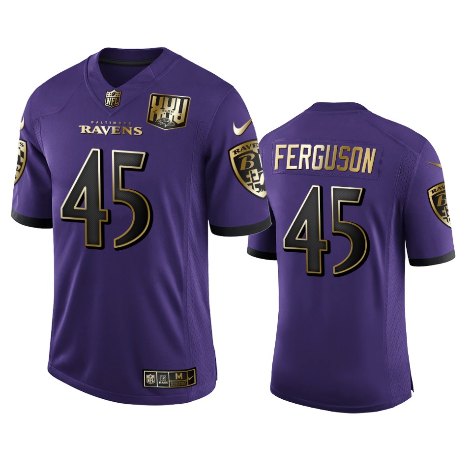 Personalized Baltimore Ravens #45 Jaylon Ferguson Men’s Purple Team 25th Season Golden Limited NFL Jersey
