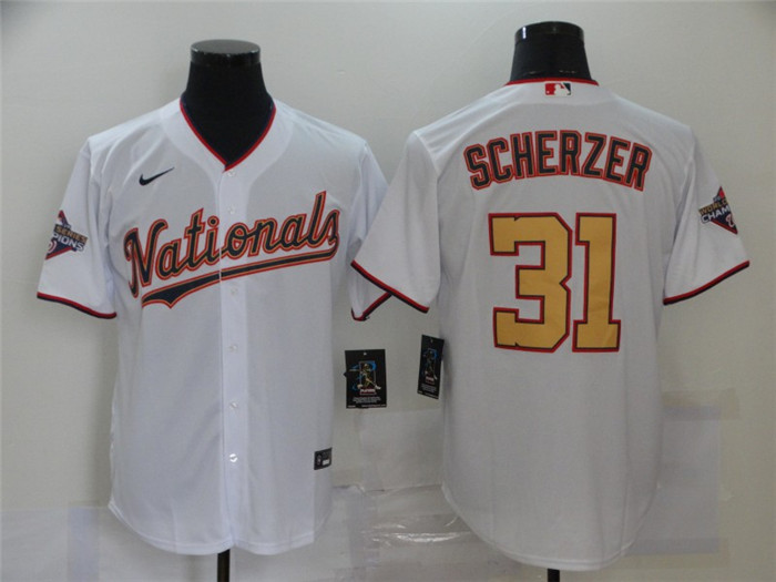 Personalized Nationals 31 Max Scherzer White Gold 2020 Gold Program Cool Base Jersey