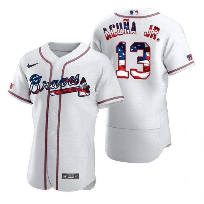 Personalized Braves 13 Ronald Acuna Jr. White USA Flag Fashion Cool Base Jersey