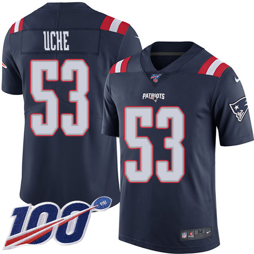 Personalized Patriots #53 Josh Uche Navy Blue Men’s Stitched NFL Limited Rush 100th Season Jersey