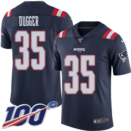 Personalized Patriots #35 Kyle Dugger Navy Blue Men’s Stitched NFL Limited Rush 100th Season Jersey
