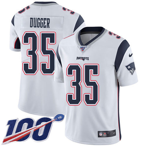 Personalized Patriots #35 Kyle Dugger White Men’s Stitched NFL 100th Season Untouchable Limited Jersey