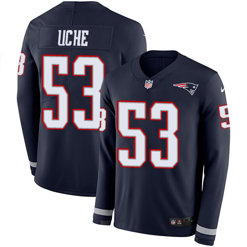 Personalized Patriots #53 Josh Uche Navy Blue Team Color Men’s Stitched NFL Limited Therma Long Sleeve Jersey