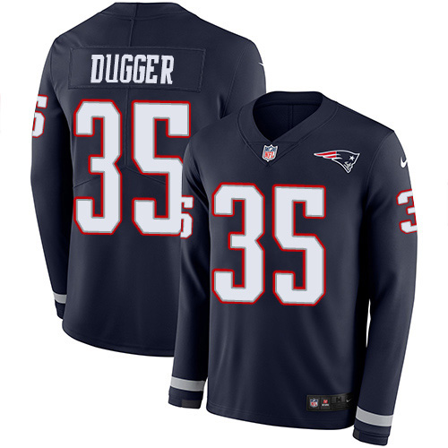 Personalized Patriots #35 Kyle Dugger Navy Blue Team Color Men’s Stitched NFL Limited Therma Long Sleeve Jersey