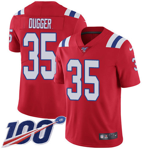 Personalized Patriots #35 Kyle Dugger Red Alternate Men’s Stitched NFL 100th Season Untouchable Limited Jersey