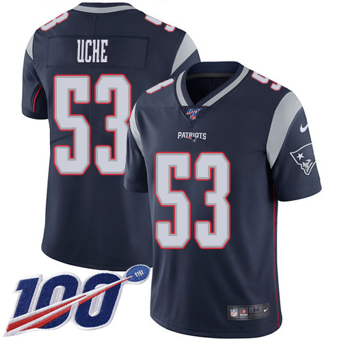 Personalized Patriots #53 Josh Uche Navy Blue Team Color Men’s Stitched NFL 100th Season Untouchable Limited Jersey