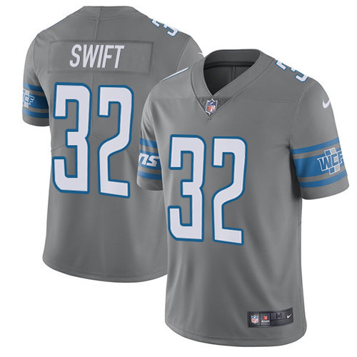 Personalized Lions #32 D’Andre Swift Gray Men’s Stitched NFL Limited Rush Jersey