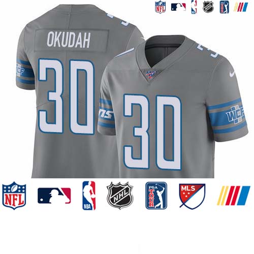 Personalized Lions #30 Jeff Okudah Gray Men’s Stitched NFL Limited Rush 100th Season Jersey